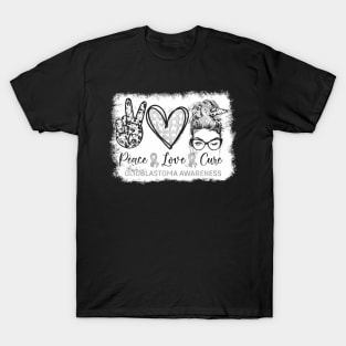 Messy Bun Peace Love Cure Gray  Glioblastoma T-Shirt